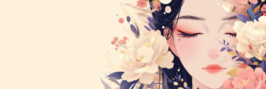 Illustration of Asian woman face and flowers with copy space for International Women's Day, anime style
