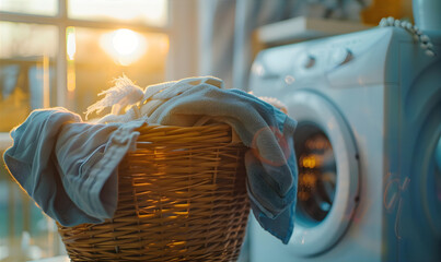 Basket a dirty clothes on the background of a washing machineю Laundry and сleaning service concept.