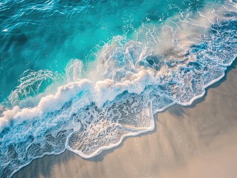 Turquoise Ocean Meets Sandy Beach ocean waves stock image sandy shore aerial view clear sea backdrop