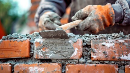 Detailed view of a mason accurately laying bricks, focus on the trowel and mortar application
