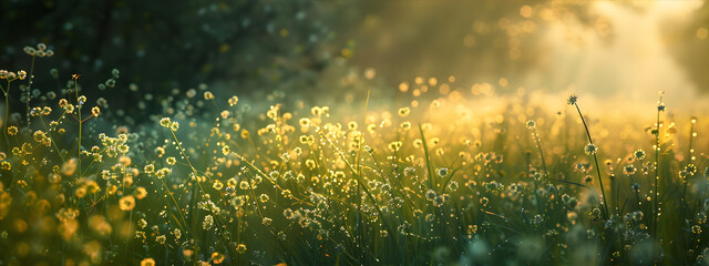 Summer meadow with yellow flowers with morning light. Summer or spring concept.  - Powered by Adobe