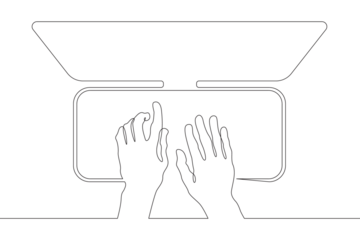 Top view of hands typing on a computer keyboard. Printing text on a computer. Computer monitor.Text input. View from above.One continuous line . Line art. Minimal single line.White background. One lin