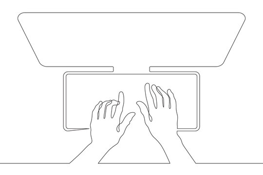 Top view of hands typing on a computer keyboard. Printing text on a computer. Computer monitor.Text input. View from above.One continuous line . Line art. Minimal single line.White background. One lin