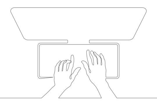 Top view of hands typing on a computer keyboard. Printing text on a computer. Computer monitor.Text input. View from above.One continuous line . Line art. Minimal single line.White background. One lin