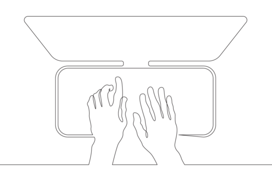 Top view of hands typing on a computer keyboard. Printing text on a computer. Computer monitor.Text input. View from above.One continuous line . Line art. Minimal single line.White background. One lin