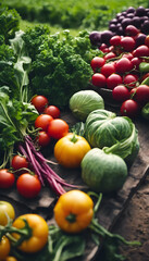 Fresh organic vegetables on a farm table, including tomatoes, beets, and greens, showcasing healthy food options.