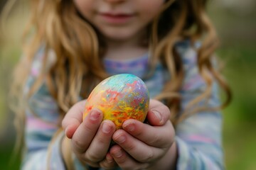 Close up of young girl holding dyed easter egg