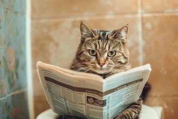 cat sitting on a toilet reading newspaper 