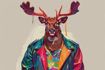 deer dressed in multicolor leather jacket