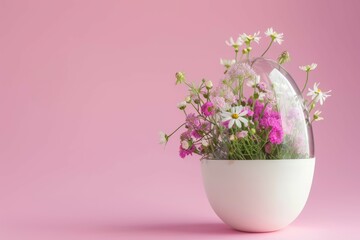 Beautiful spring flowers White Easter egg on pink background. Easter spring concept