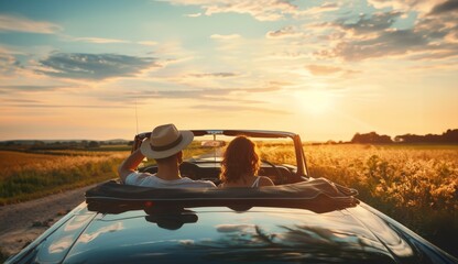 couple travelling in a convertible  - obrazy, fototapety, plakaty