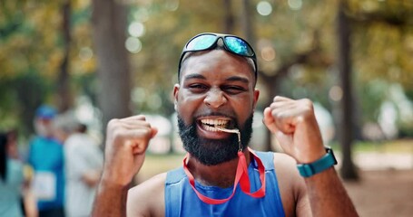 Black man or face, celebrate and athlete with medal for winning or success, marathon and long distance running. Sportsman, achievement and victory for track outdoors, pride and fitness for sprinting.