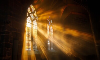 light rays coming through window of church