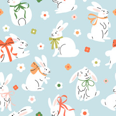 Seamless pattern with Cute cartoon white rabbits with bows.  Hand drawn vector illustration. Adorable Easter bunny background. - 751989111