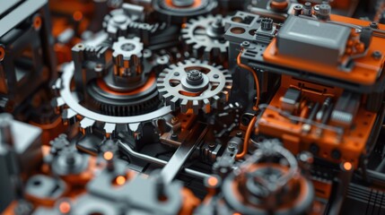 Macro shot of interconnected gears and circuits inside an autonomous robot's chassis