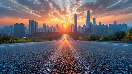 Panoramic skyline and modern commercial buildings with empty road. Asphalt road and cityscape at sunrise  Generative AI