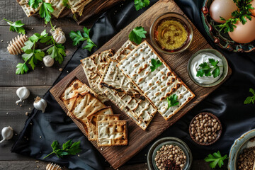 Overhead view of a traditional matzah bread a food eaten during passover
