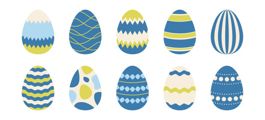 Colorful spring Easter eggs set. Blue, green, cream egg icon collection with different ornaments. Doodle style Easter illustration bundle for banner, poster, card, invitation, sticker. Vector pack 