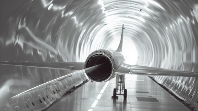 Zoomed-in image of a wind tunnel test for an aircraft wing model, airflow patterns highlighted