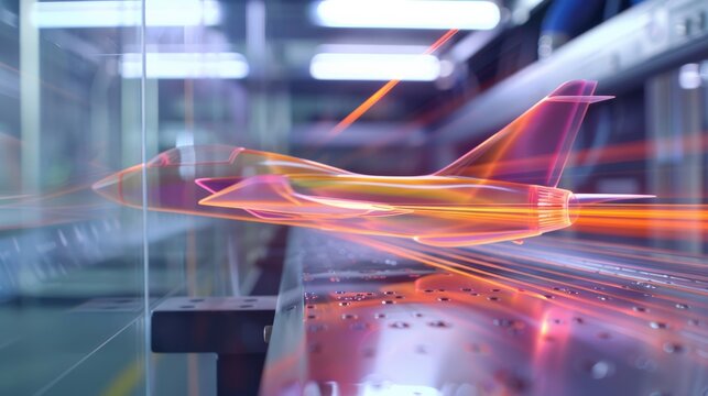 Zoomed-in image of a wind tunnel test for an aircraft wing model, airflow patterns highlighted