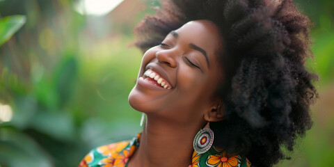 afro hair young african woman laughing, generative AI
