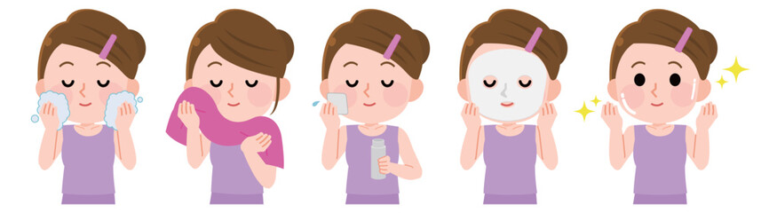 スキンケアをする女の子　詰め合わせ　セット　イラスト