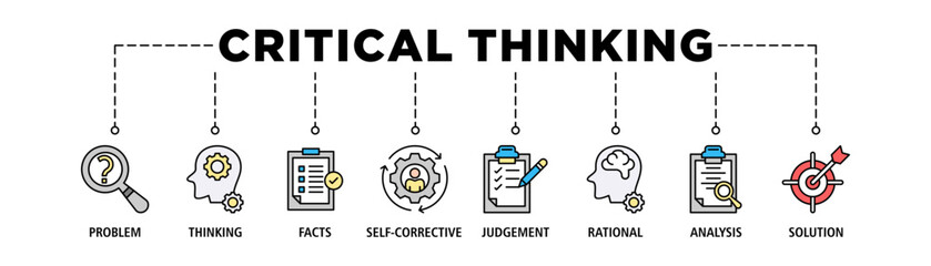 Critical thinking banner web icon set vector illustration concept for analysis of facts with an icon of problem, thinking, facts, self corrective, judgement, rational, analysis, and solution