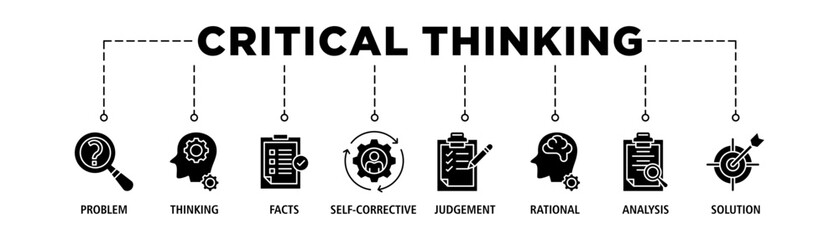 Critical thinking banner web icon set vector illustration concept for analysis of facts with an icon of problem, thinking, facts, self corrective, judgement, rational, analysis, and solution