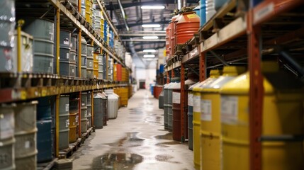 An upclose view of a chemical storage area with clearly labeled containers and safety protocols posted on the walls showcasing the strict adherence to safe storage practices