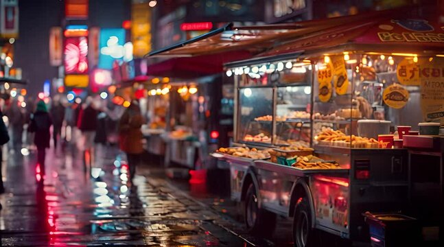 A food cart serving diverse cuisines at a lively festival event, captured in the vibrant atmosphere of the night