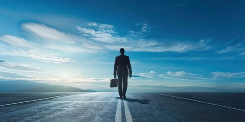 businessman walking on the road with suitcase to nowhere, career journey