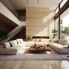 In a travertine house, the interior of the comfortable contemporary living room exudes warmth and sophistication