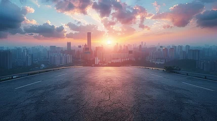 Poster Panoramic skyline and modern commercial buildings with empty road. Asphalt road and cityscape at sunrise  Generative AI © Jennifer