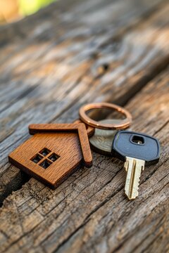 House keys with house figure or pendant in the shape of a house on wooden background.
