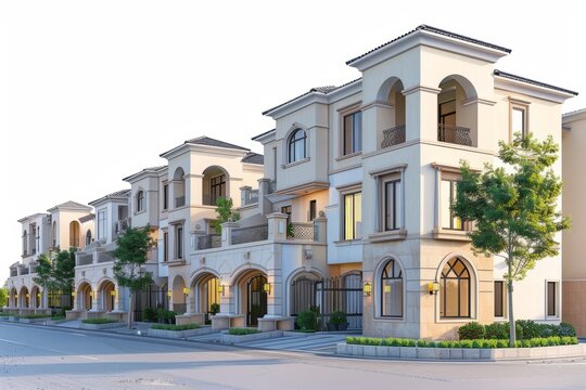 Elegant townhomes in a gated community, on isolated white background, Generative AI