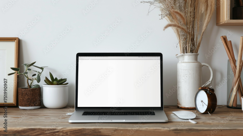 Aufkleber A minimalistic Aesthetic Boho-style Workspace. A laptop with a white screen with an empty space, indoor plants and dried flowers on a wooden table.