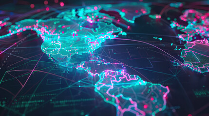 Futuristic global network with vibrant neon connections and data streams across continents - obrazy, fototapety, plakaty