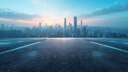 Panoramic skyline and modern commercial buildings with empty road. Asphalt road and cityscape at sunrise  Generative AI