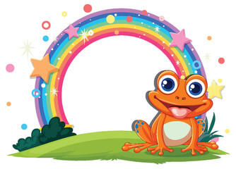 Vector illustration of a happy frog with a rainbow
