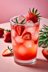 Summer drink. Refreshing soda or alcoholic cocktail with ice, rosemary and strawberry on pastel background.