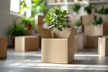 Moving in. Pile of cardboard boxes with plants in the empty room. Moving concept.