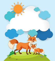 Vector illustration of foxes on a grassy hill