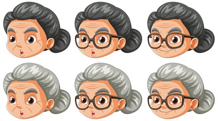 Six facial expressions of an elderly woman illustrated.