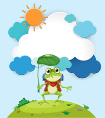 Cheerful frog using a leaf as an umbrella.