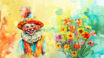April fool's day. Holiday banner with a happy clown . Watercolor illustration.