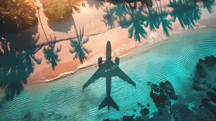 Plane passed over the beach making a shadow. Concept for holidays and holidays. - obrazy, fototapety, plakaty