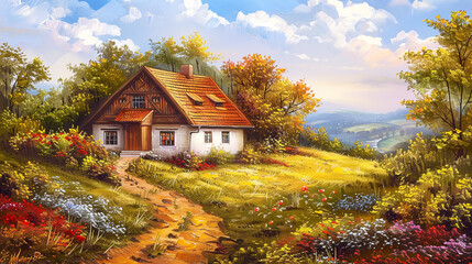 German  landscape with country side and colorful flowers, Oil paintig banner - obrazy, fototapety, plakaty