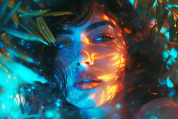 Neon aesthetic portrait of womanand nature.  Magic universe.