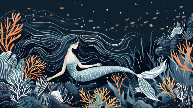 Illustration of  mermaid sleeping in the underwater magical world. Fairy tale concept.