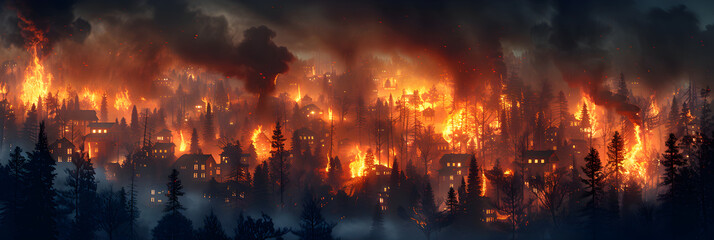 fire in the night,
 Wildfire forest fire burning down a town climate